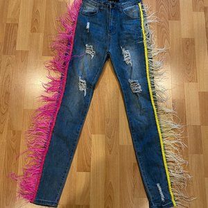 Purple Candy Jeans size Small pink and yellow feathered trim
